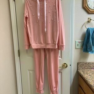 Pink Pearl-Embellished Hoodie and Jogger Set ( M)